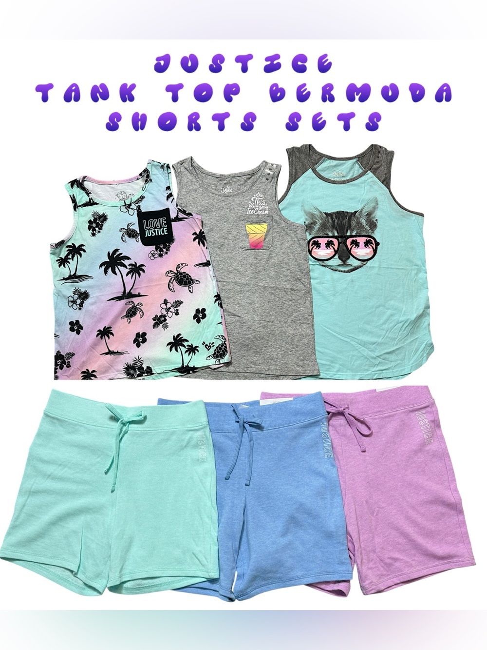 Justice Girls Graphic Tank Tops Bermuda Shorts Cotton Matching Sets Lot Size 10